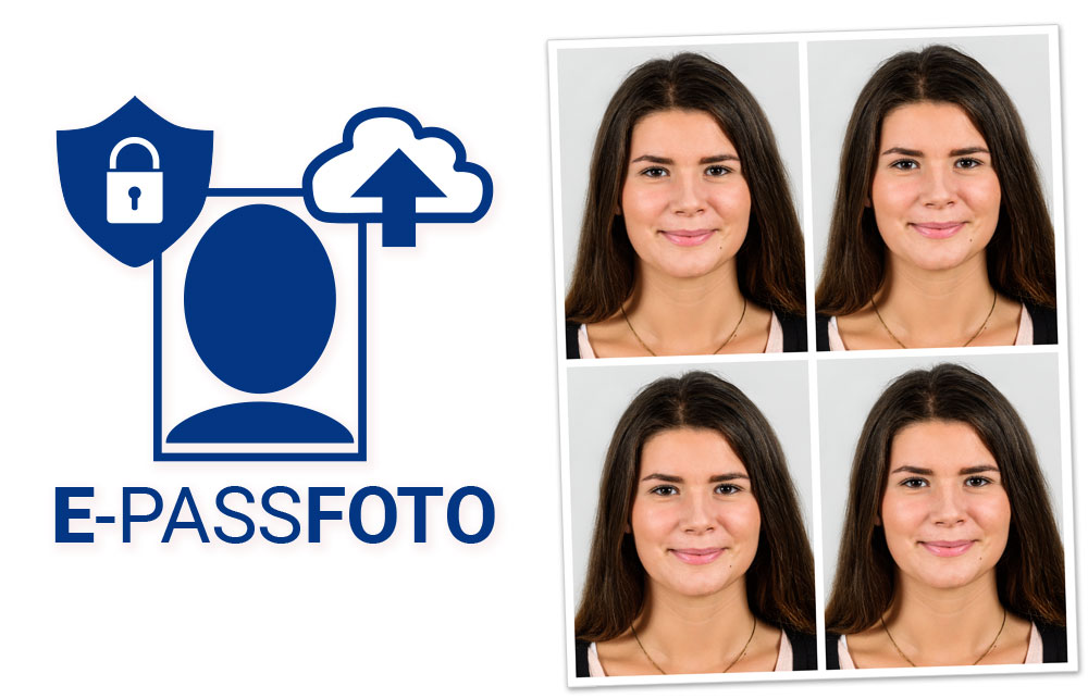 Icon E-Passfoto mit Schloss auf Schil und Wolke mit Pfeil, darunter vier ausbelichtete Passbilder einer Frau auf Fotopapier