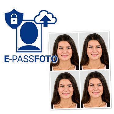 Icon E-Passfoto mit Schloss auf Schil und Wolke mit Pfeil, darunter vier ausbelichtete Passbilder einer Frau auf Fotopapier